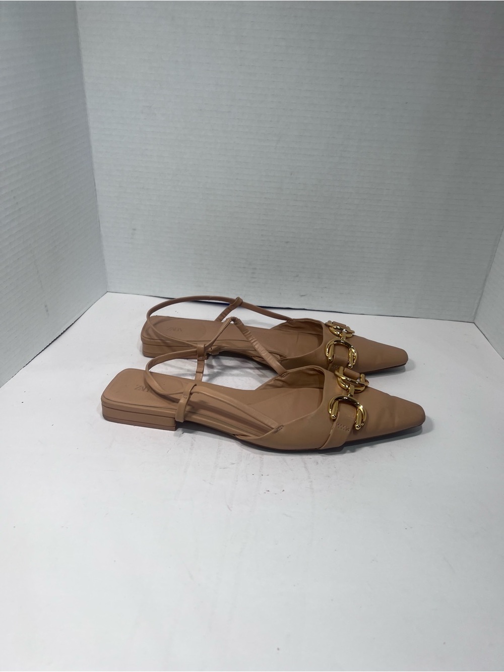 Zara Beige Pointed Slingback Flats with Gold Chain